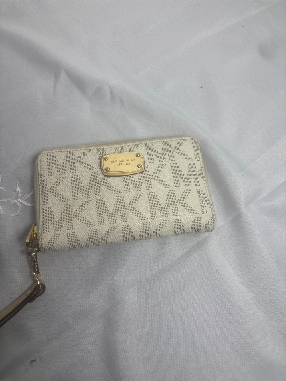Michael Kors Cream Logo Zip-Around Wristlet Wallet with Gold Plate